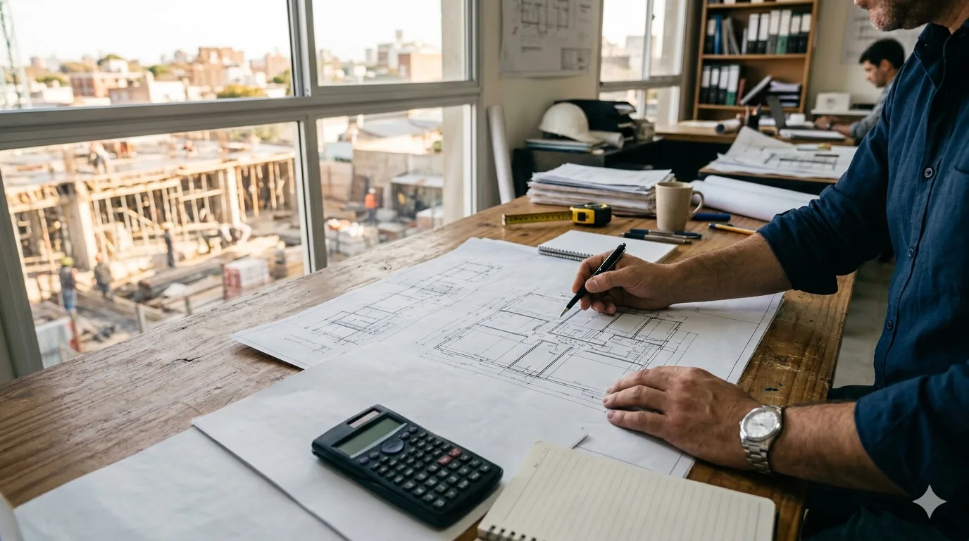 Arquitecto revisando planos y presupuesto de construcción en oficina de Zona Sur Buenos Aires