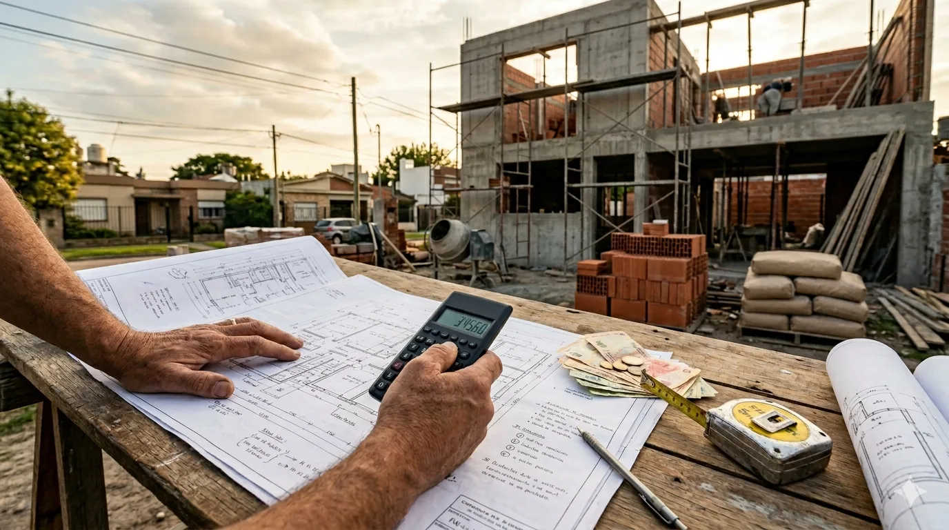 Planos y calculadora sobre mesa en obra en construcción en Zona Sur del GBA