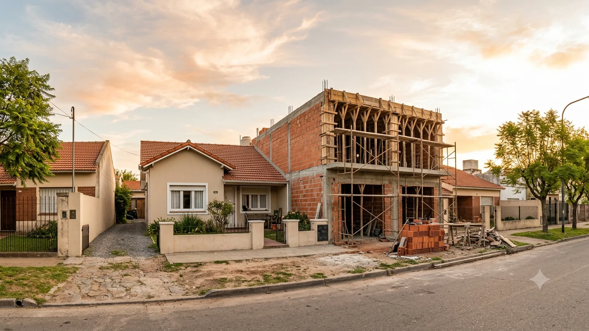 Casa de Zona Sur con una ampliación en planta alta en construcción, con ladrillo visto y encofrado de madera